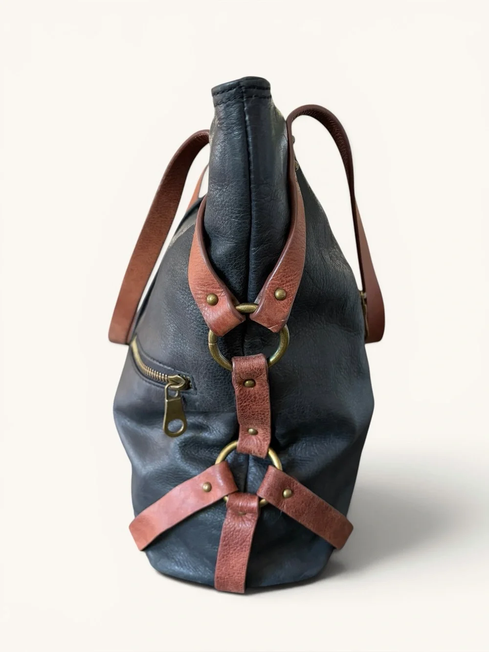 Lucky Brand Black Leather Tote with Brown Straps